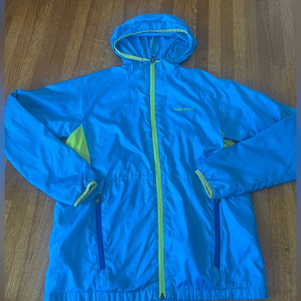 Marmot Women’s Neon Blue Turquoise Yellow Hooded Rain Windbreaker Jacket - XL